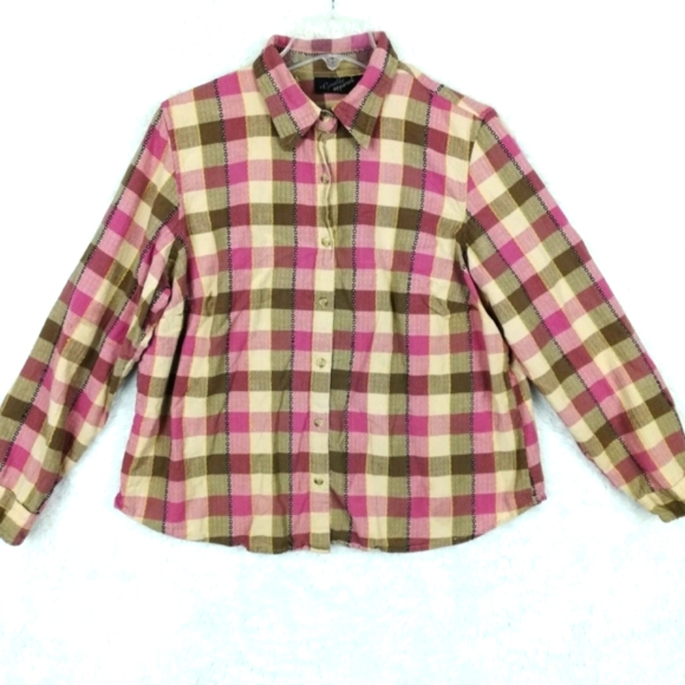 2X Giselle Apparel Women's Embroidered Gingham Button Down Shirt